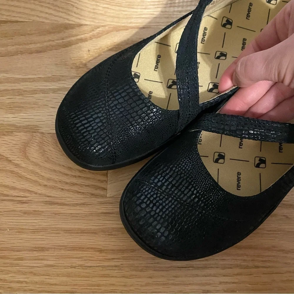 Revere Petra Mary Jane Flat Shoes NEW Sz 7 Black Lizard Leather Women’s